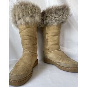 UGG Fur Cuff Suede Sheepskin Shearling Lined Boots M 7 - L8 Brown Tan Vtg